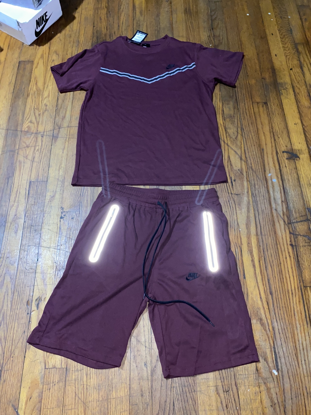 Nike Maroon Short Sleeve Tee and Shorts Set with Reflective Accents
